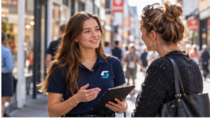 Sales medewerker op straat | The Sales Company Amersfoort Sales medewerker in gesprek op straat in Amersfoort
