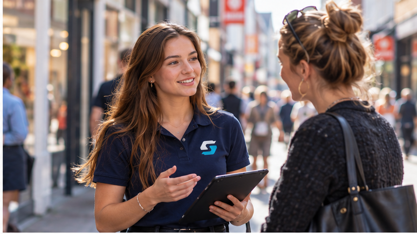 Sales medewerker Amersfoort in gesprek met een voorbijganger